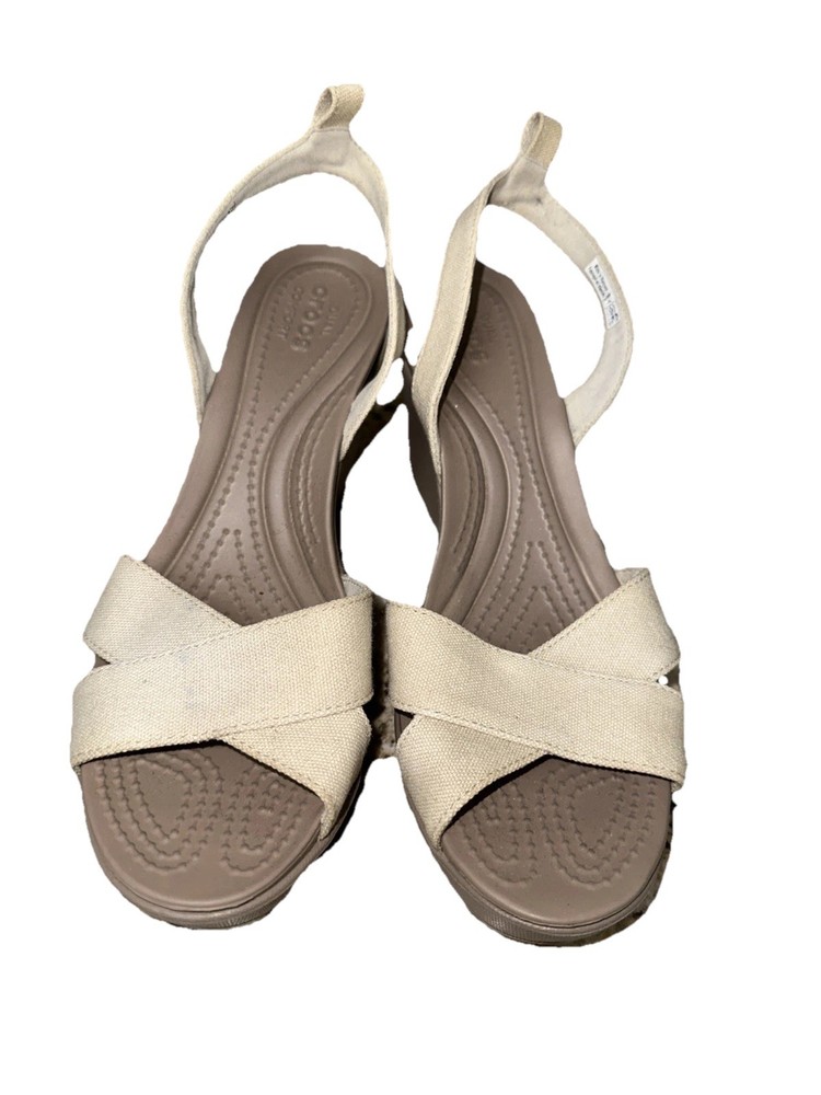 Crocs Leigh II Women's Beige Canvas Wedge Sandals Size 8 with Ankle Strap