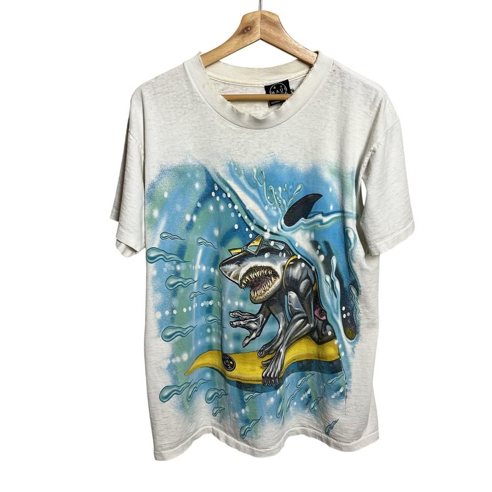 Vintage Maui And Sons Shirt Mens Large White Surf Shark Graphic Tee 90s USA