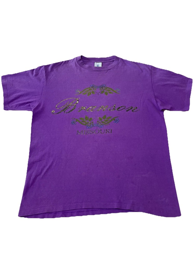 Vtg Branson Missouri T-Shirt Purple Floral Graphic Tee Cotton USA Single Stitch