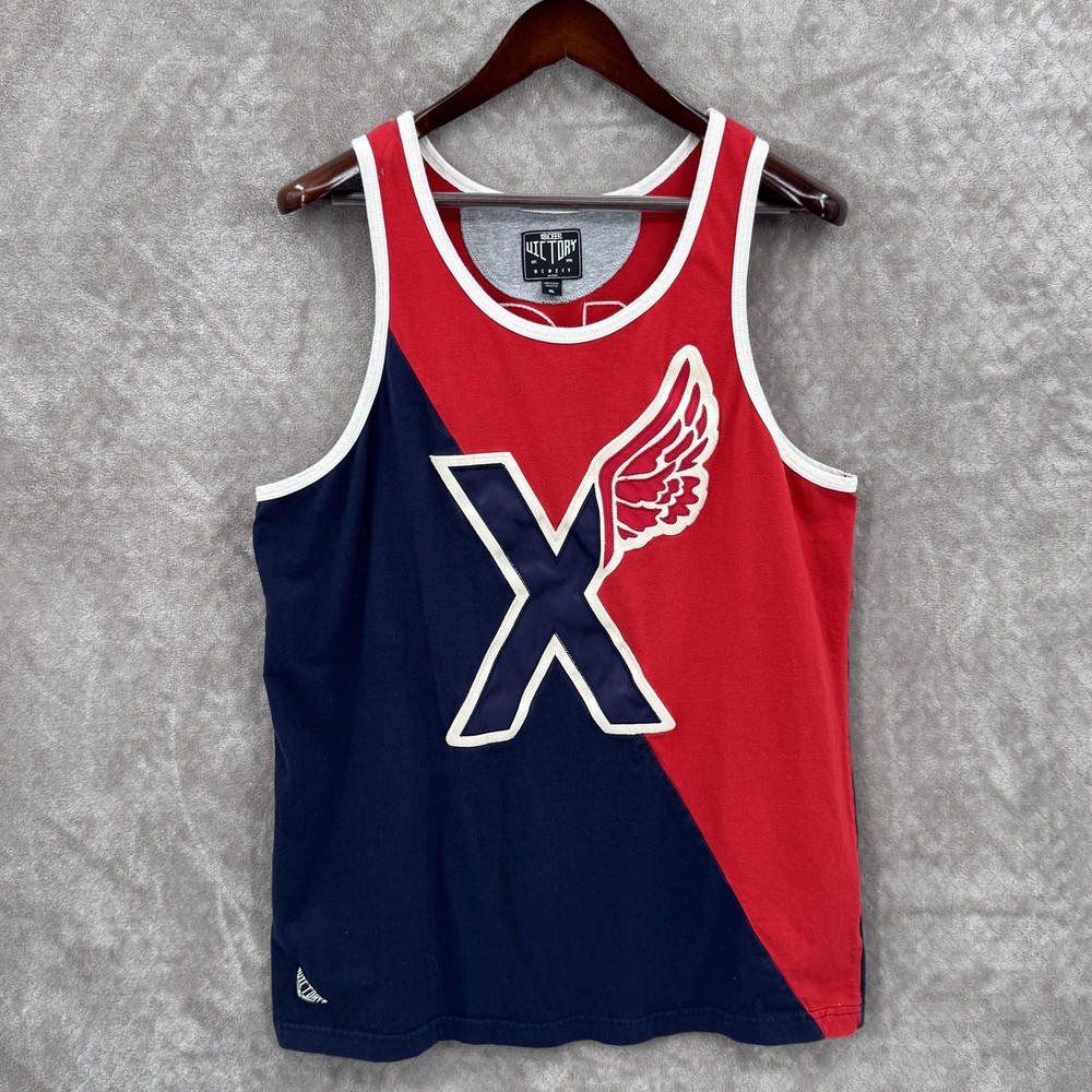 10 Deep Tank Top Shirt Mens XL Red Blue Winged X Jersey Victory Graphic Running