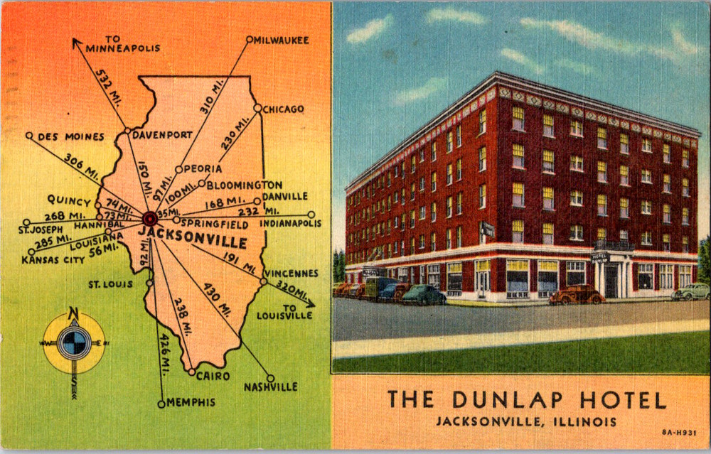 Vintage Postcard Dunlap Hotel Jacksonville Illinois Map Vibrant Historic Scene
