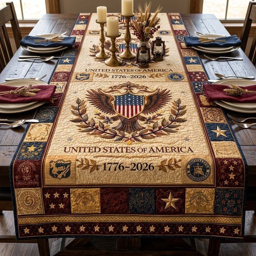 USA 250th Anniversary Quilted Table Runner Patriotic 1776-2026 American Decor