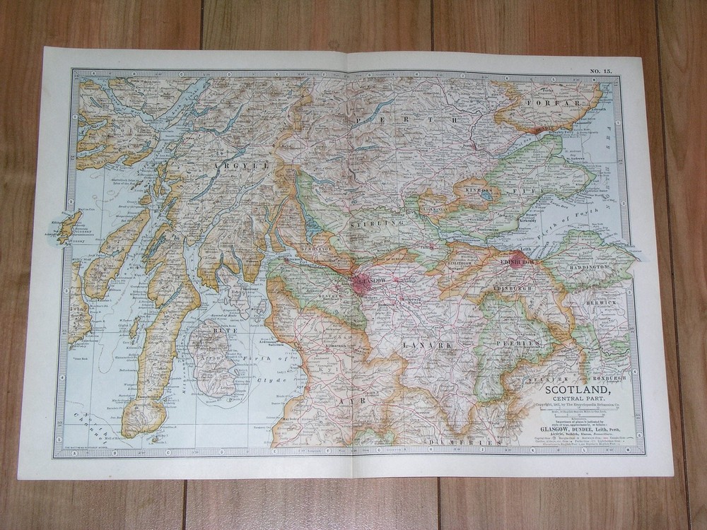 1902 Antique Map Of Central Scotland Glasgow Edinburgh Dundee Kintyre Arran