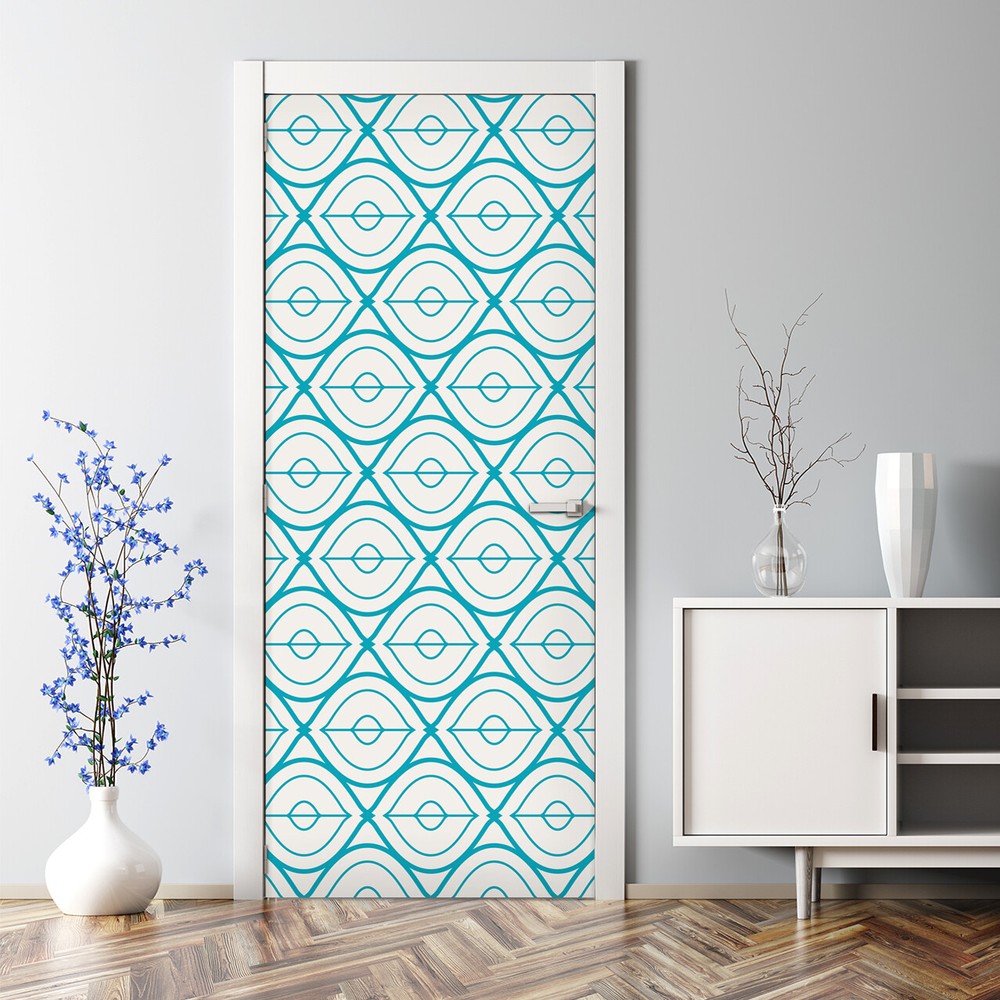 Blue and white geometric mustard bubble-free door decal sticker temporary