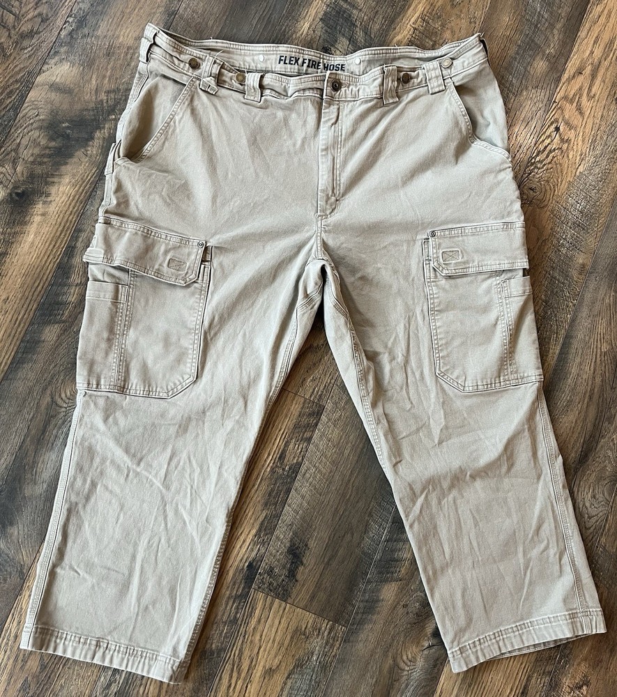 Men’s Duluth Flex Fire Hose Suspender Buttons Khaki Cargo Work Pants 48x28