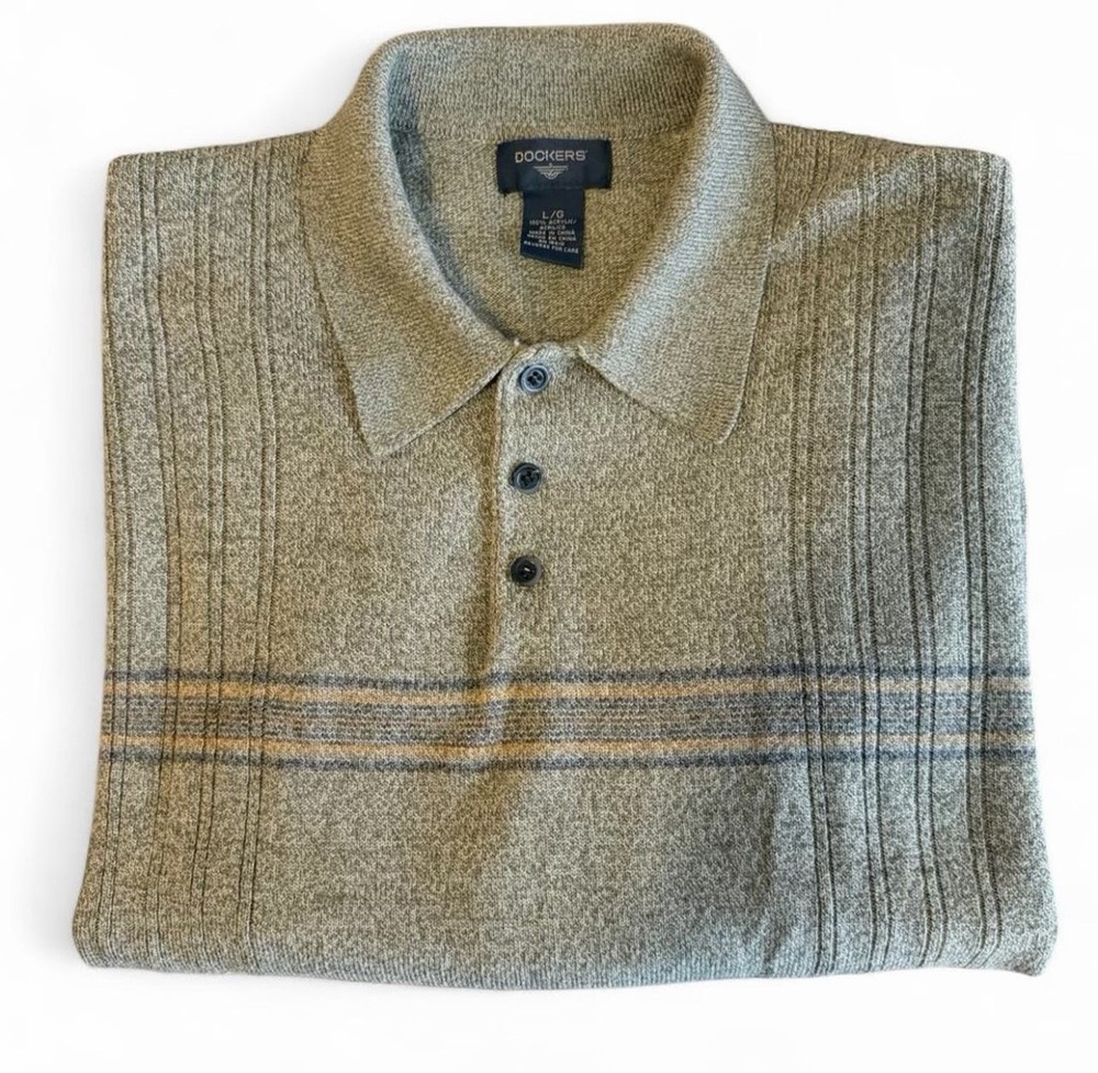 Dockers Men’s Knit Polo Sweater L Olive Beige Ribbed Long Sleeve Casual