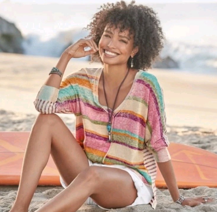 Sundance Colorful Johanna Striped Oversized Sweater Top V Neck Boho Size XXL 2X