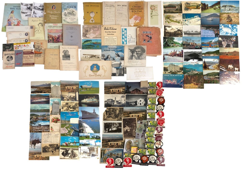 BIG LOT 100 Vtg Paper Items Postcards Recipe Booklets Baby Book etc