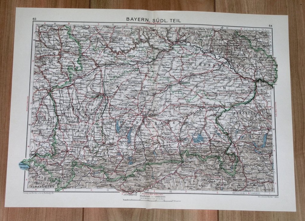 1932 Original Vintage Map Of Southern Bavaria Bayern Munich / Germany