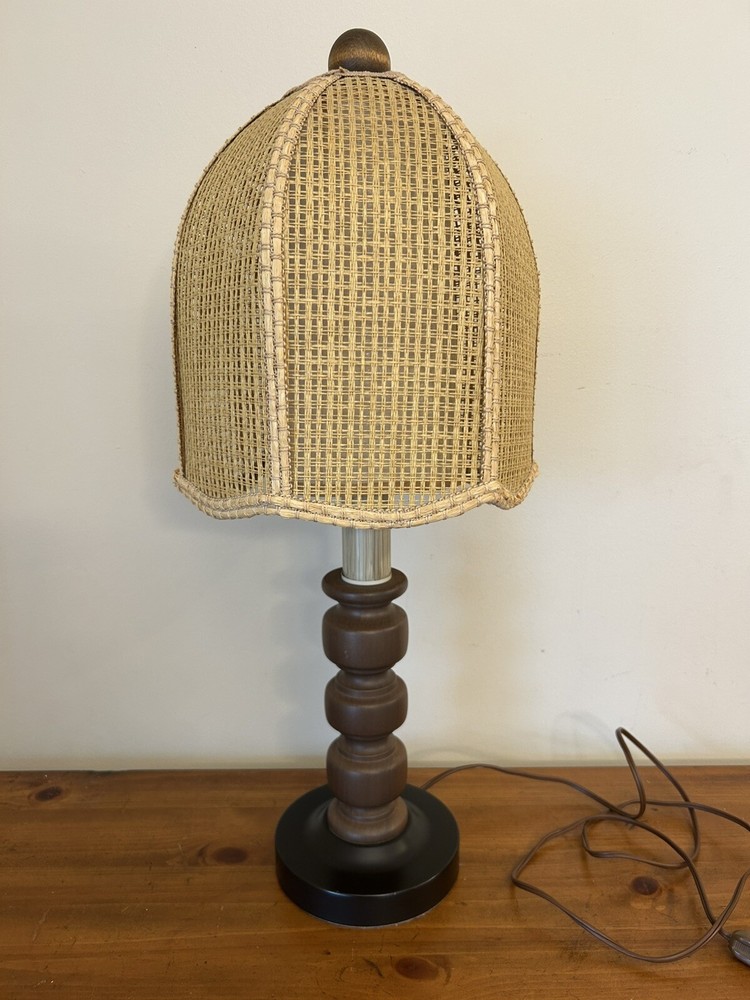 Vintage MCM Rattan Wicker & Fiberglass Double Drum Table Lamp Light 25”H Retro