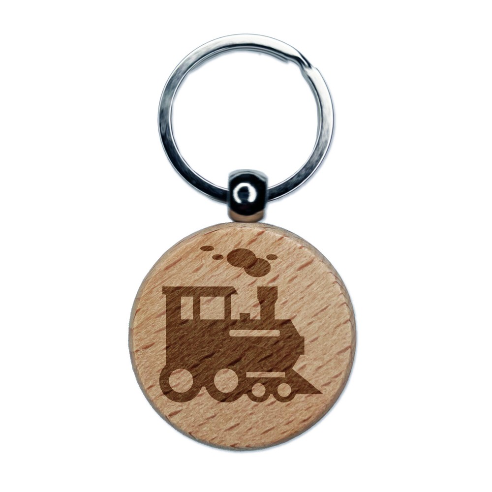 Locomotive Railway Train Engine Engraved Wood Round Keychain Tag Charm