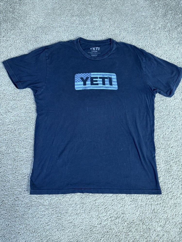 Yeti Shirt Mens L Blue Short Sleeve Graphic Crew Neck Tagless Cotton Logo