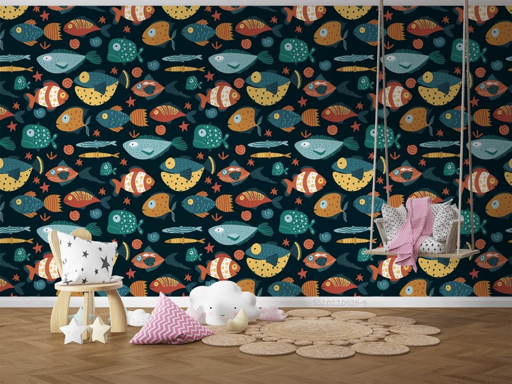 3D Fish Cartoon Watercolor Pattern Wall Murals Wallpaper Murals Wall Sticker