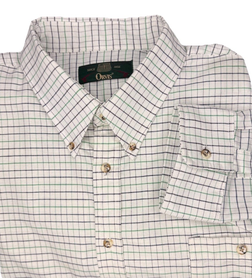 Orvis Mens XXL White Navy Green Windowpane Check Long Sleeve Button Down Shirt