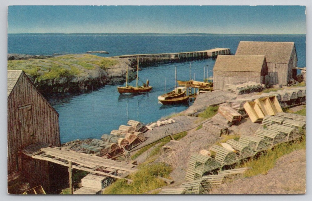 Blue Rocks Nova Scotia Fishing Village Boats Lobster Traps Mirro-Krome Postcard