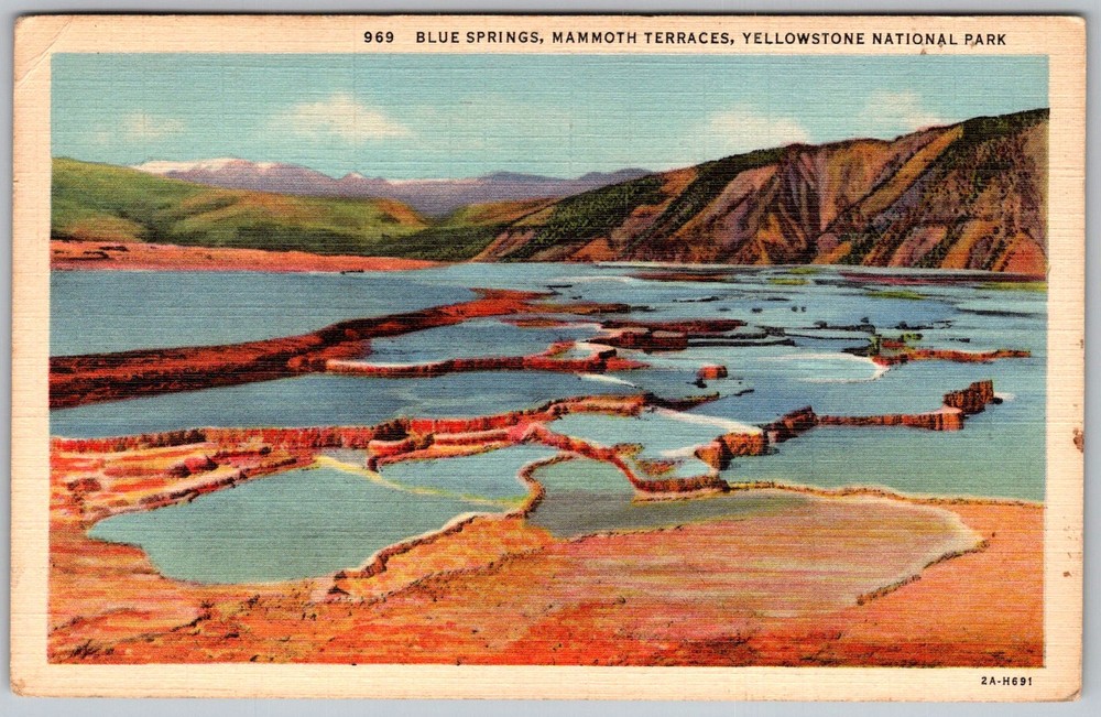 Vtg Linen Postcard Blue Springs Yellowstone National Park, WY 1940s