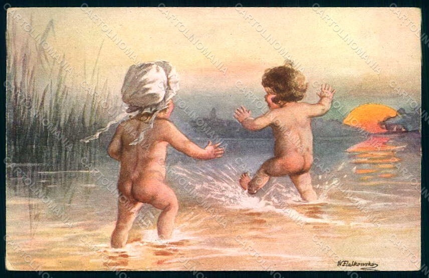 Artist Signed Fialkowska W. Children Nude Boy Girl serie 1025 postcard HR0927
