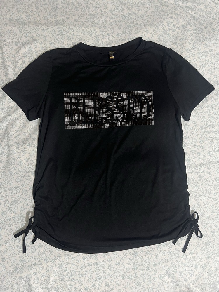 Minette Rhinestone Blessed Black Short Sleeve T-Shirt Women's Plus Size 2X
