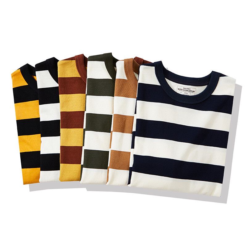Men Vintage Amekaji Prisoner Striped Long Sleeve T-Shirt Casual Motorcycle Shirt