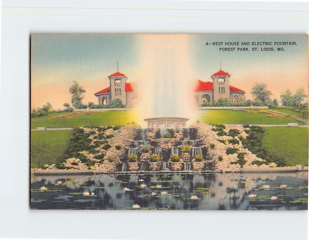 Postcard Rest House and Electric Fountain Forest Park St. Louis Missouri USA
