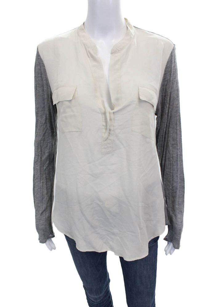 T. Babaton Womens Silk Tunic Blouse Collared Long Sleeve Colorblock Beige Size SFree Shipping in US $100+ Orders | $6.95 Orders Below