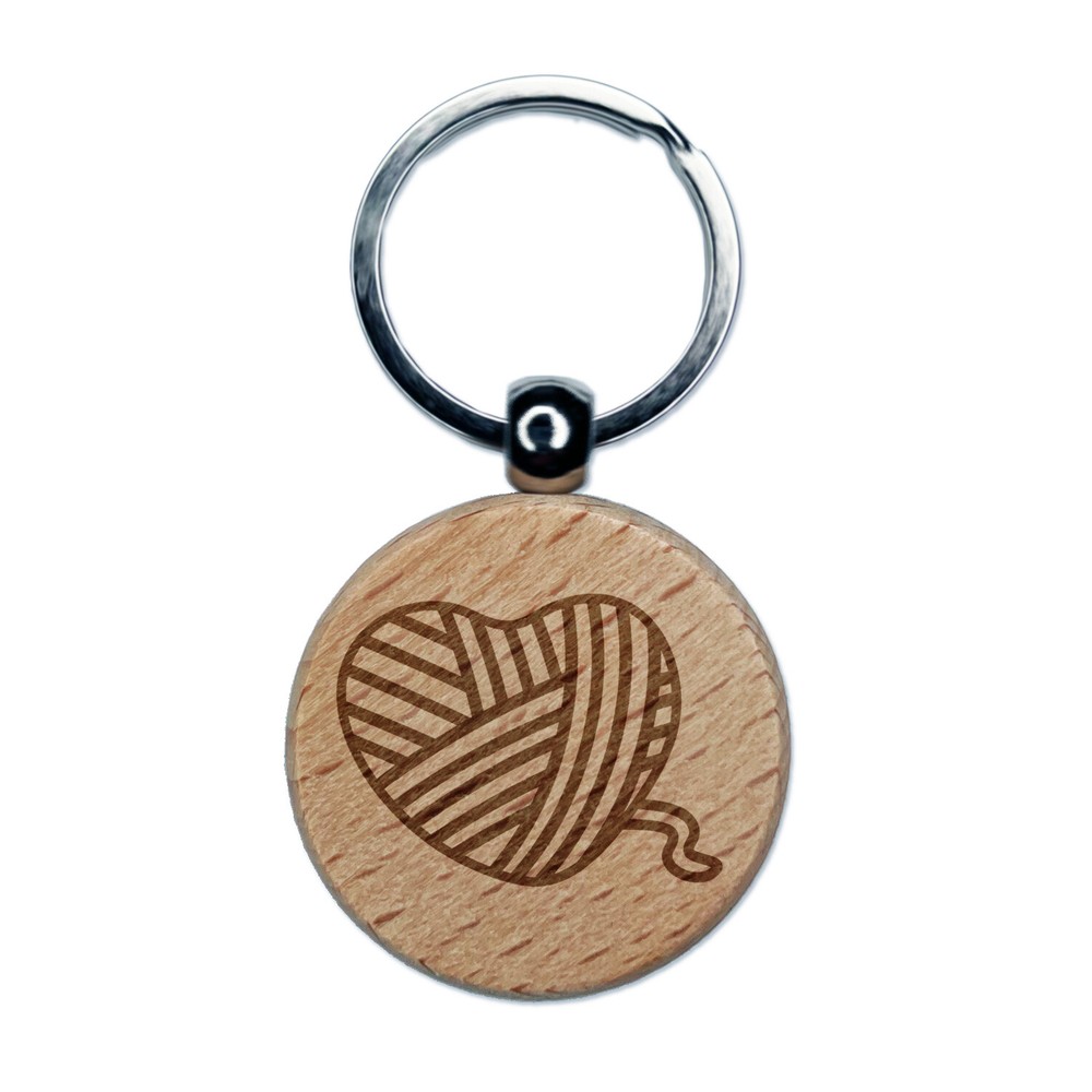 Yarn Heart Engraved Wood Round Keychain Tag Charm