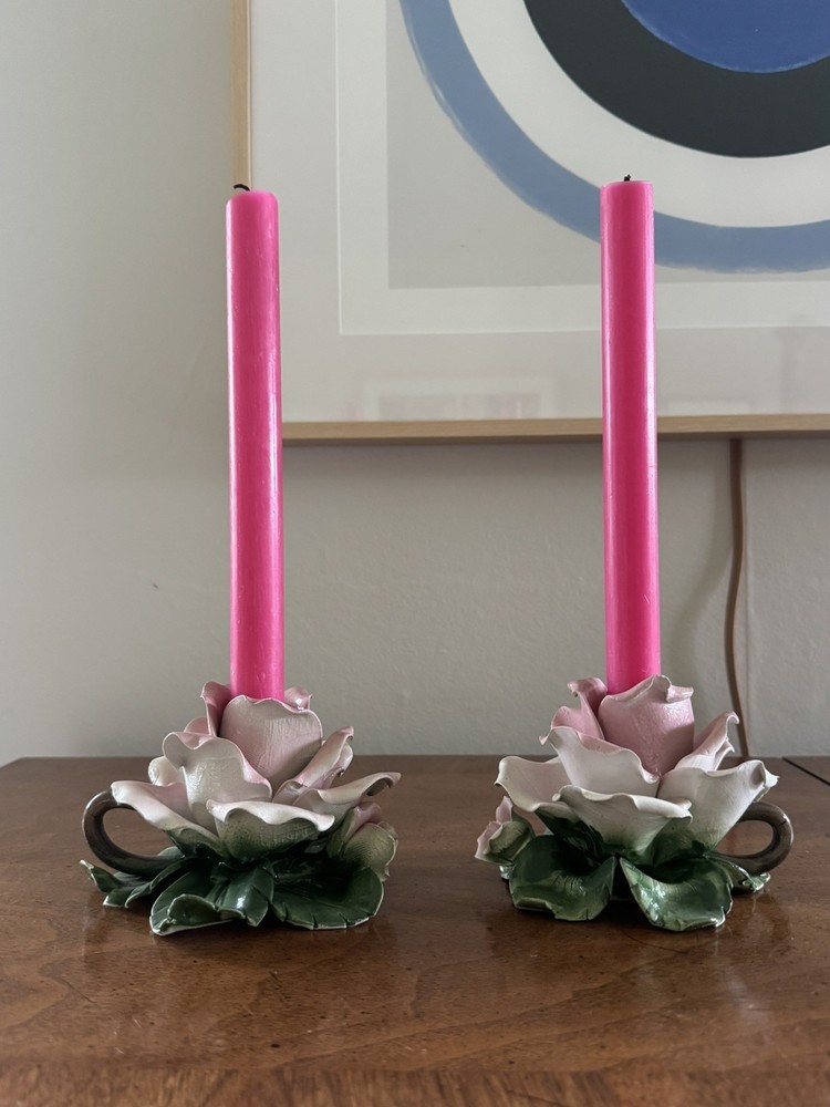 PAIR 1973 Vintage Capodimonte Porcelain Pink Rose Flower Candle Holder, Italy