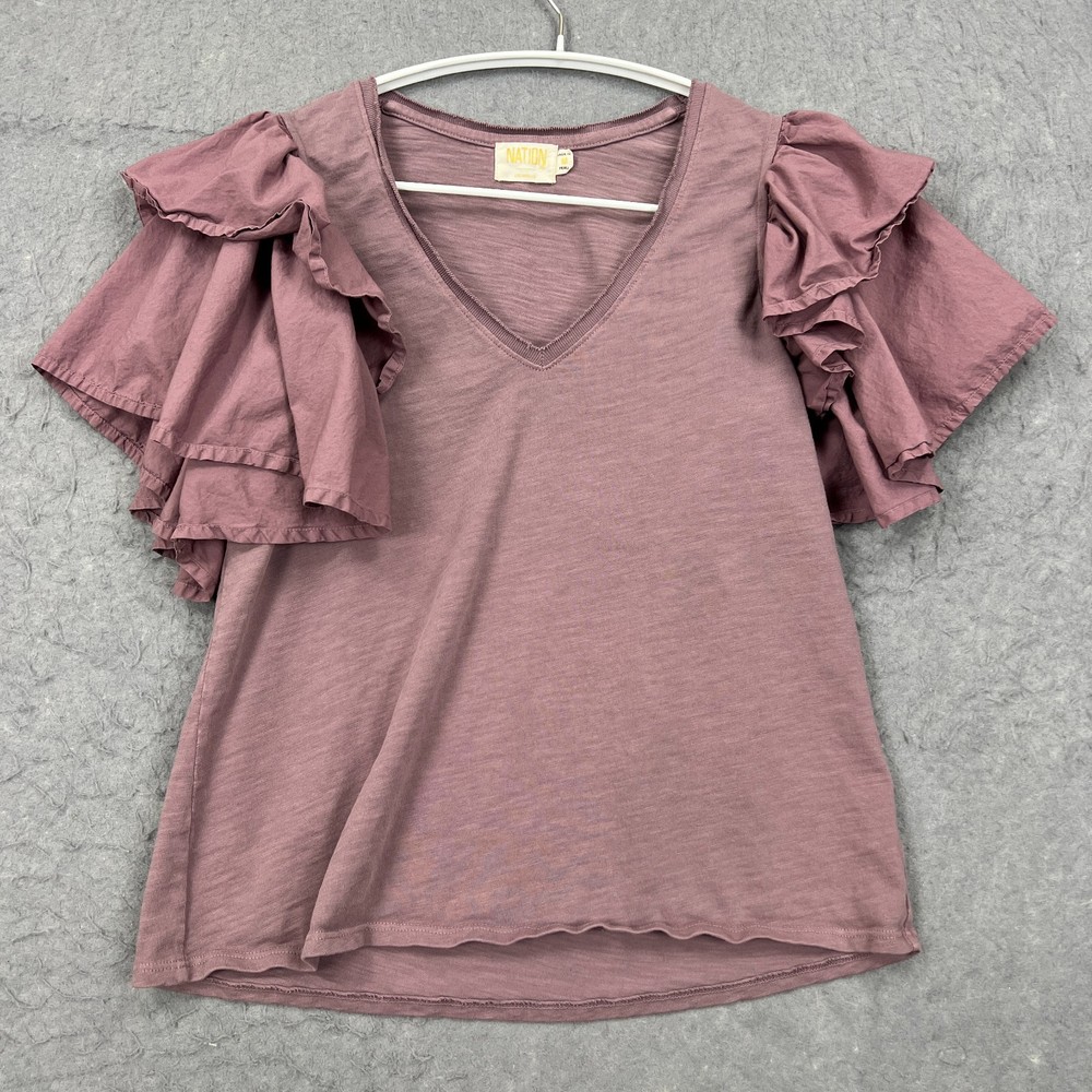 Nation LTD Bindi Ruffle Tee Women's Medium Pink Top V-Neck Flutter Shirt Peru