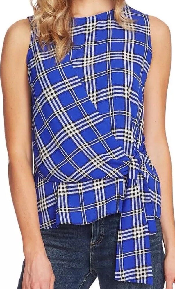 Vince Camuto - Women's Sleeveless Asymmetrical Tie Front Plaid Blouse - Size S