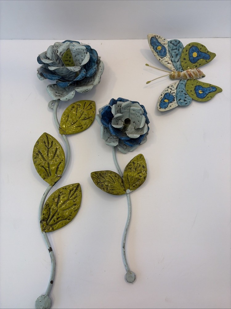 Vintage Hand Painted Metal Wall Hanging Flowers/Butterfly/Spring Home Decor Art