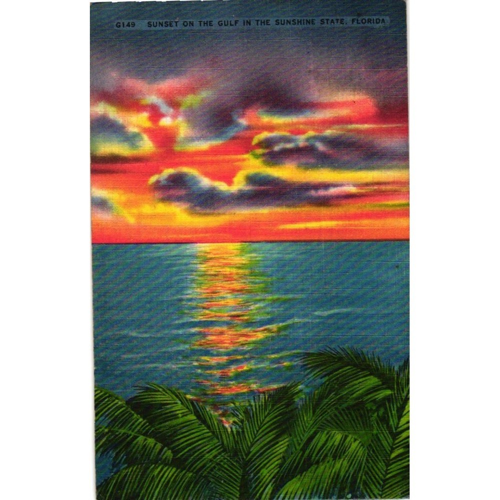 VTG 1946 Florida Linen Postcard Sunset on the Gulf St Petersburg Hartman G149