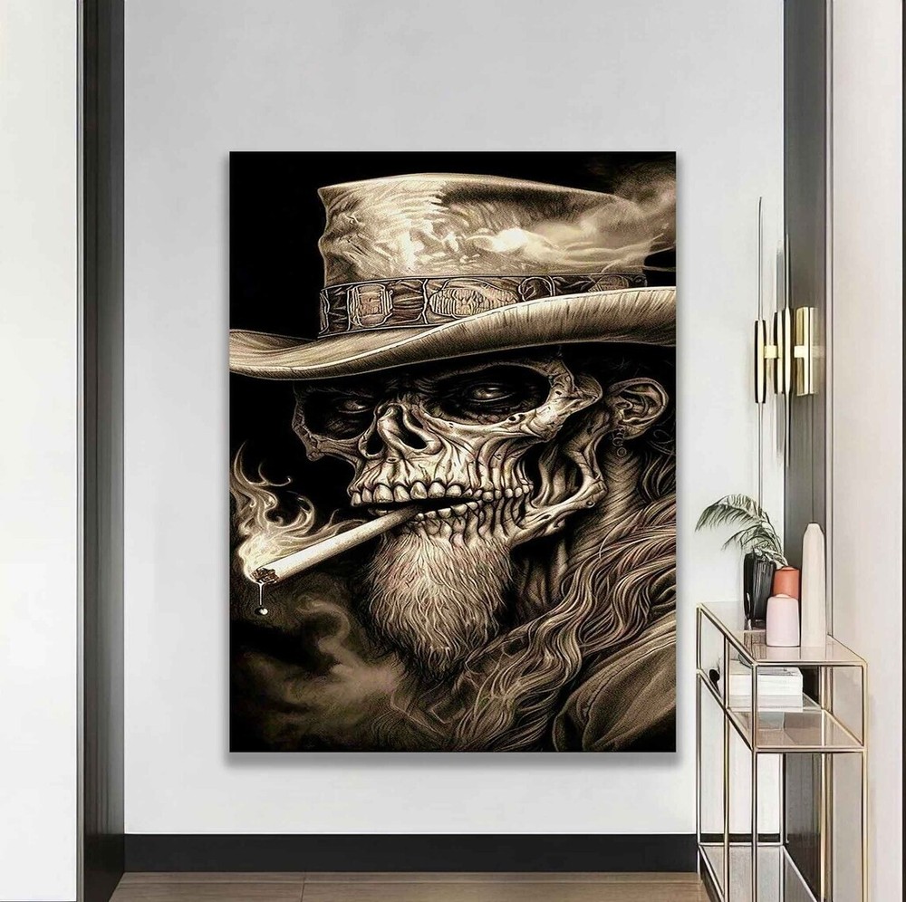 Smoking Skull Modern Abstract on Black Unframed Canvas Print Australian Wall Art