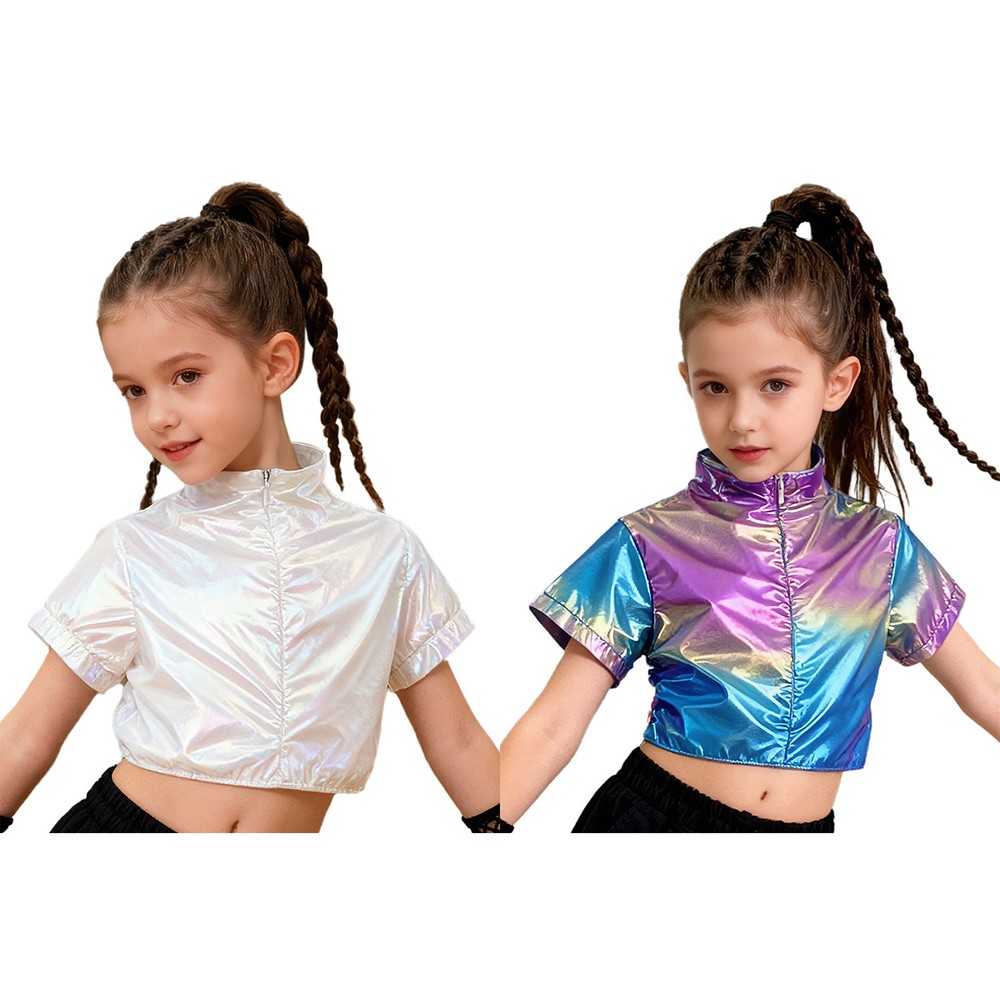 Kids Girls Dance Zipper Metallic Short‑sleeve Crop Top Party Costume Streetwear