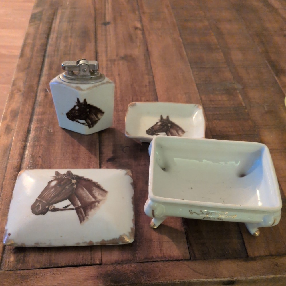 Vintage Smoking Porcelain Set Horses  Cigarette Box Lighter & Match Tray