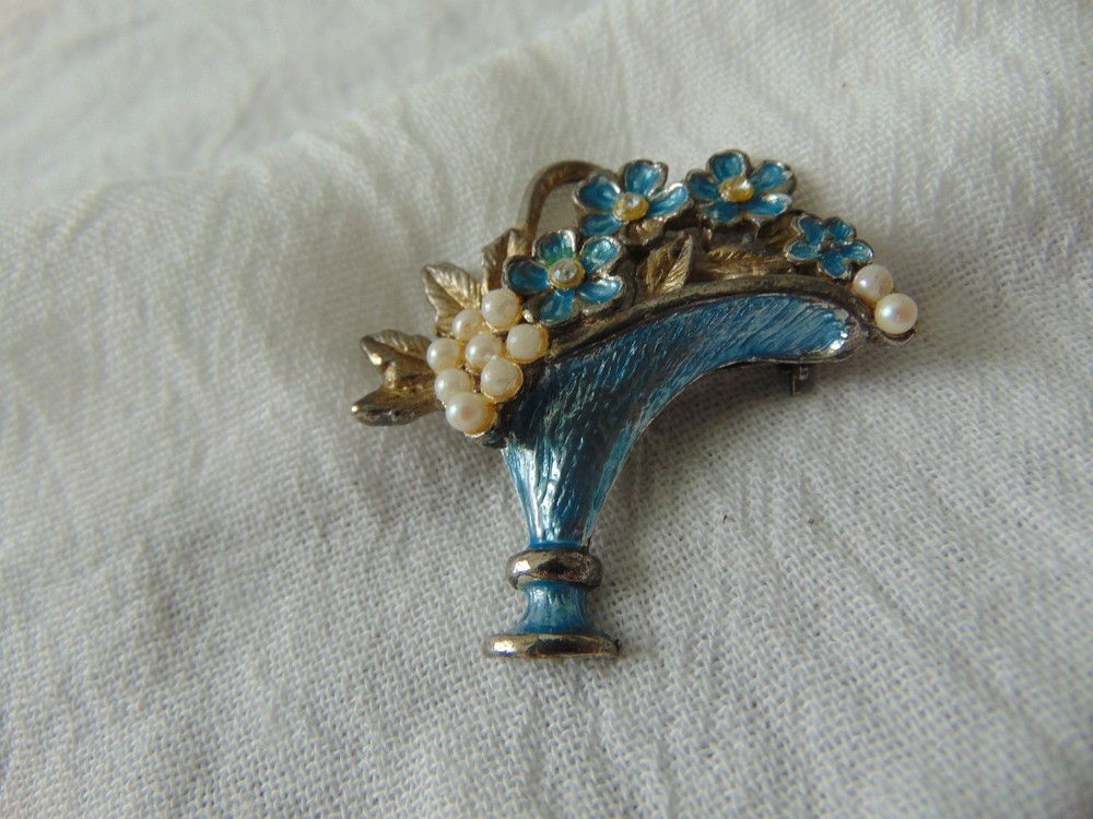 vintage antique seed pearls blue flower basket brooch