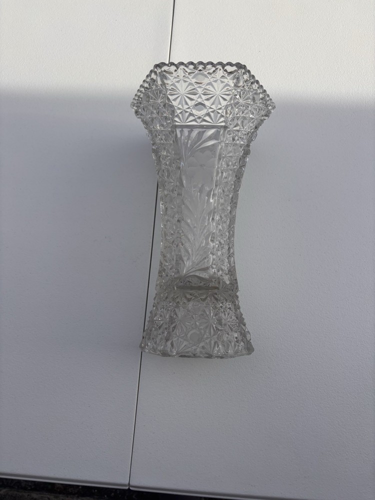 Unmarked Clear Cut Glass Vase Starburst Pattern Tall Flared Rim Decorative