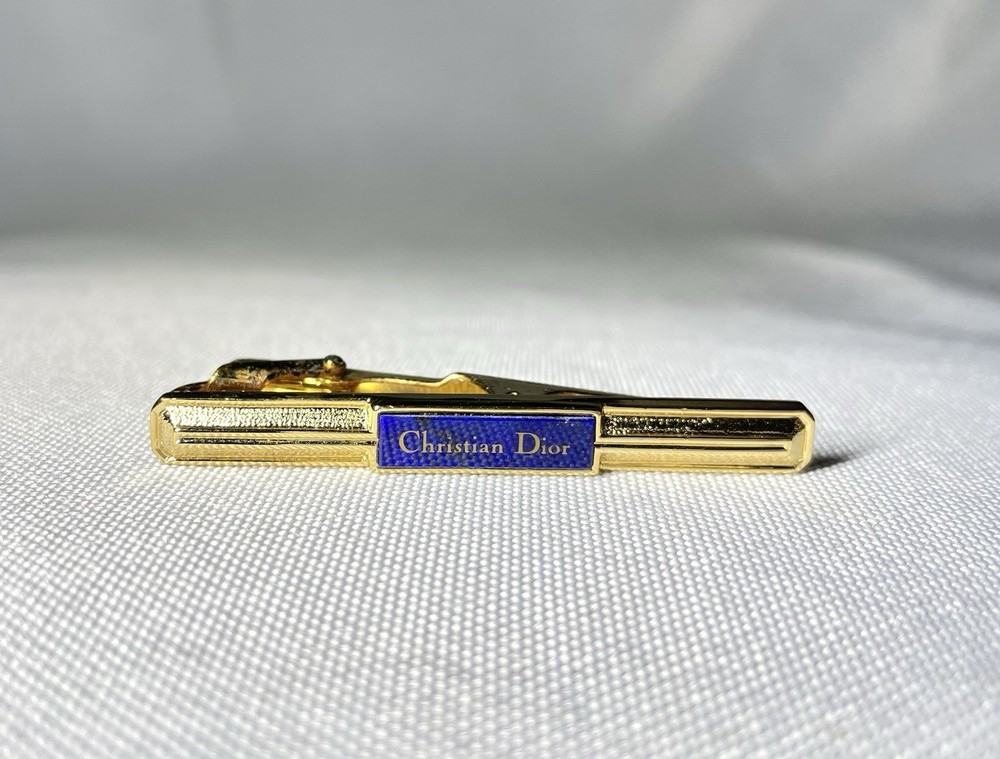 Auth [Rare] Christian Dior logo Lapis Lazuli stone & Gold Tie Clip Bar Business