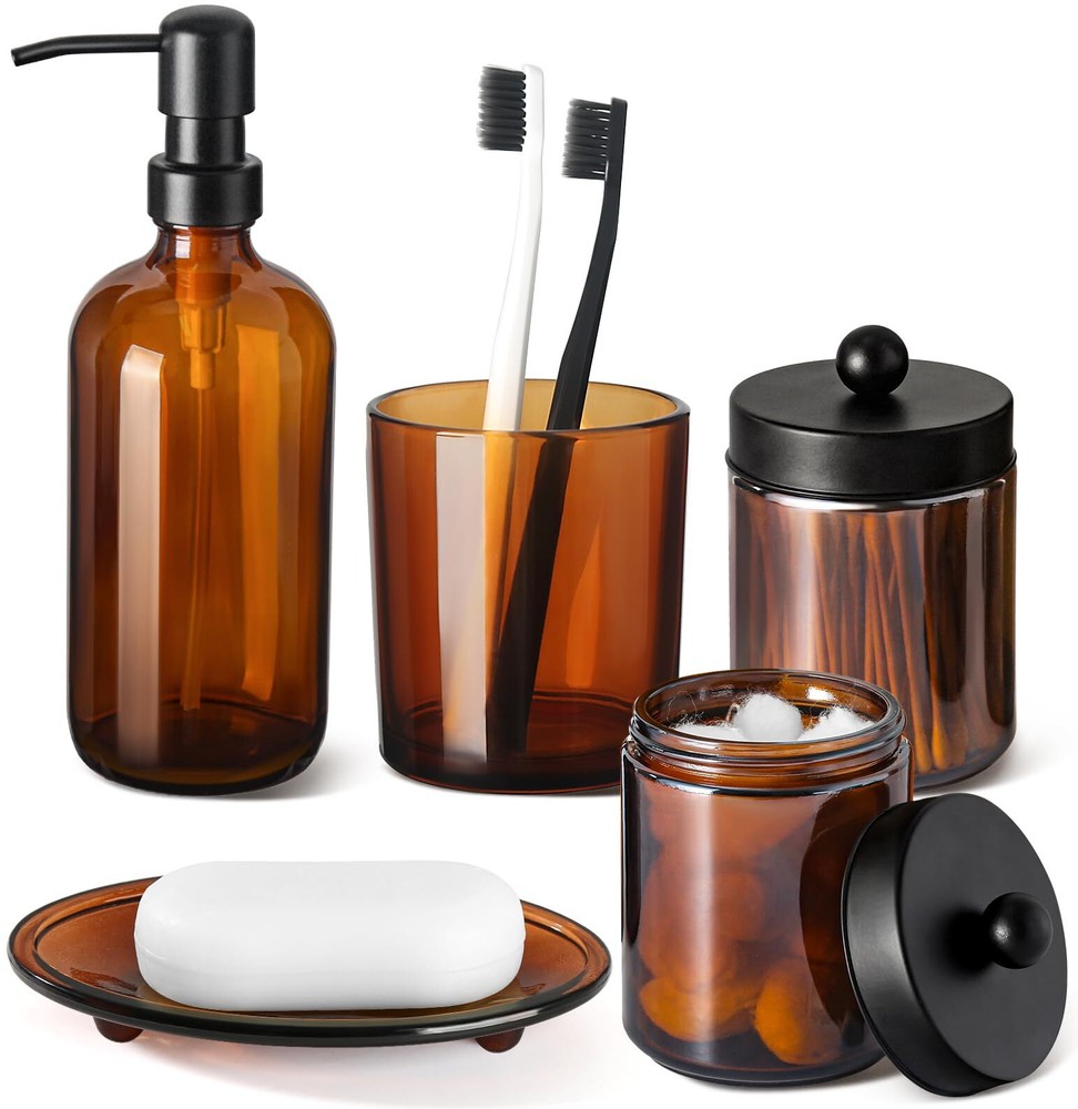 Gmisun 5-Piece Amber Glass Bathroom Accessory Set with Soap Dispenser and More