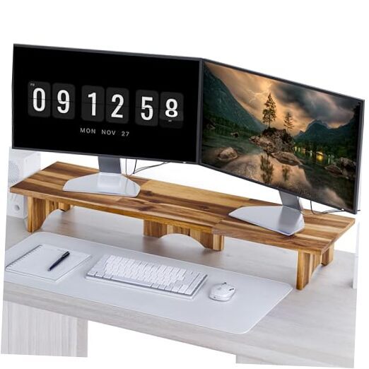 Acacia Wood Dual Monitor Stand - Wooden Monitor Riser for Desk - Computer-image