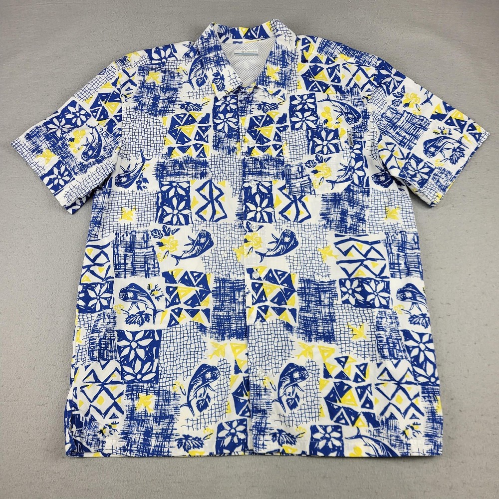 Columbia PFG Shirt Mens Medium Blue White Tropical Vented Fishing Short Sleeve