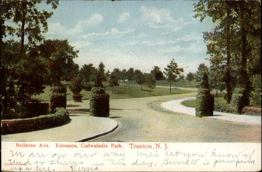 Trenton New Jersey Cadwalader Park entrance mailed 1908 UDB vintage postcard