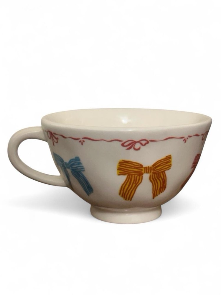 Urban Outfitters Ceramic TeaCup White Multicolor Bow Novelty Mug