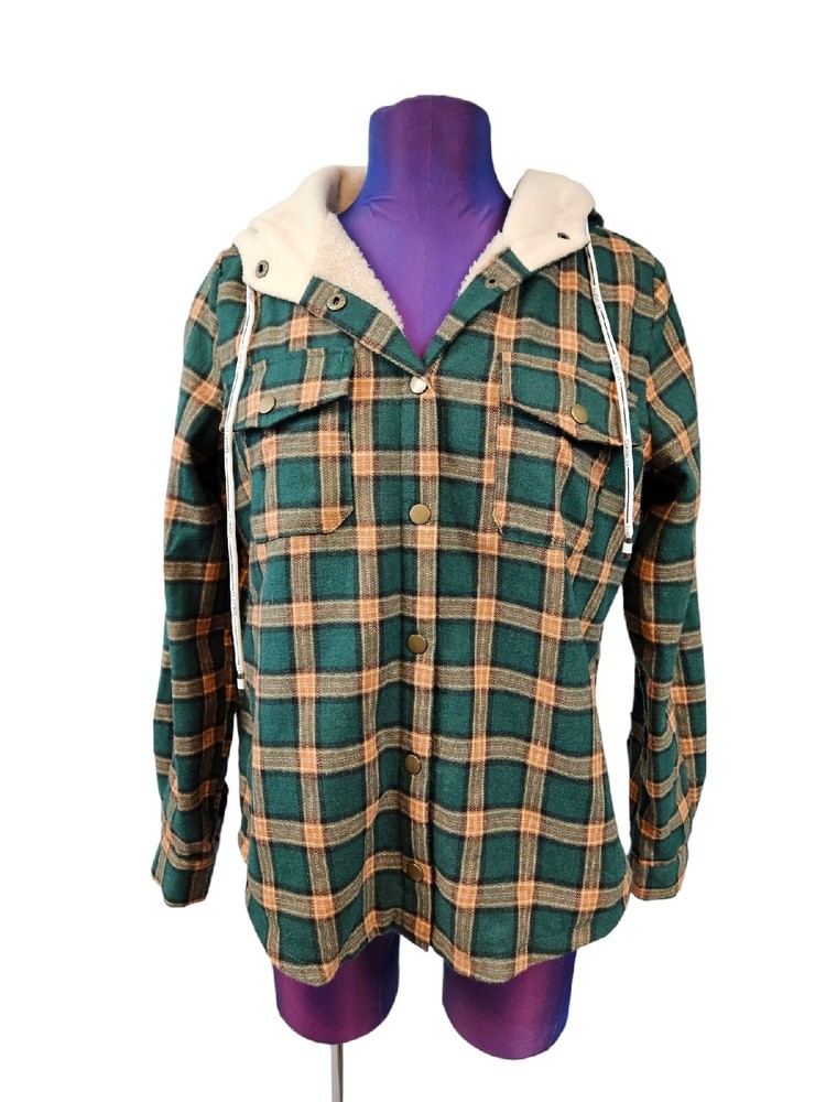 Zaful Dark Green Rust Plaid Fleece-Lined Shacket for Men Size Medium D115