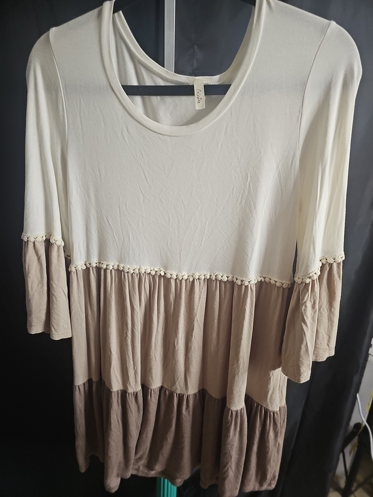 Boho Neutral Tunic Blouse with Embroidery in Size M