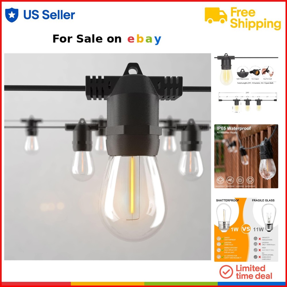 LED Outdoor String Lights Shatterproof  27Ft Vintage Edison Patio Waterproof