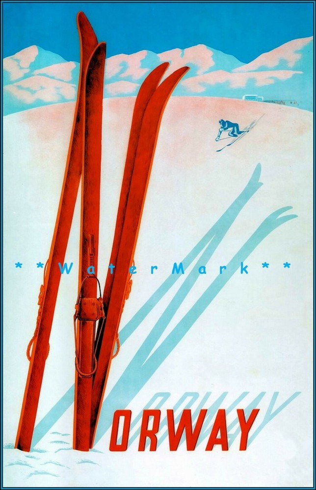 Vintage 1957 Norwegian Ski Poster Retro Red Skis Winter Sports Art Print