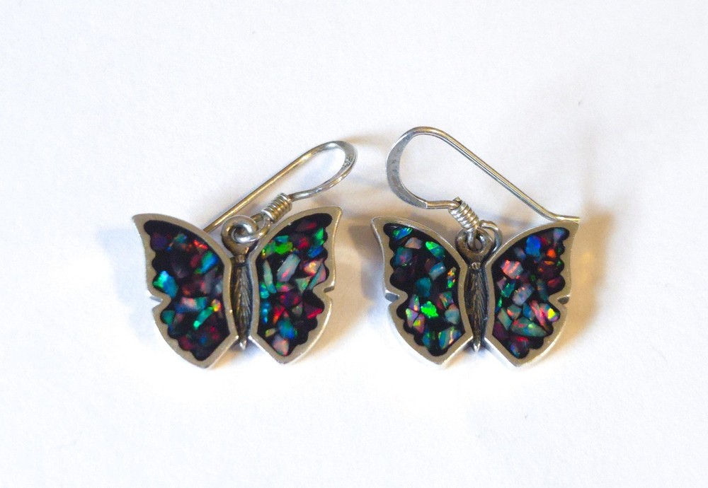 Vintage Sterling Silver Black Onyx Opal Inlay Butterfly Dangle Earrings