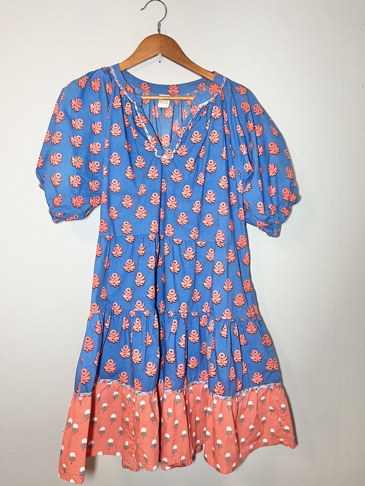 Print Fresh Womens Midi Dress Sz S Blue Tiered Cottagecore Feminine Boho Blue