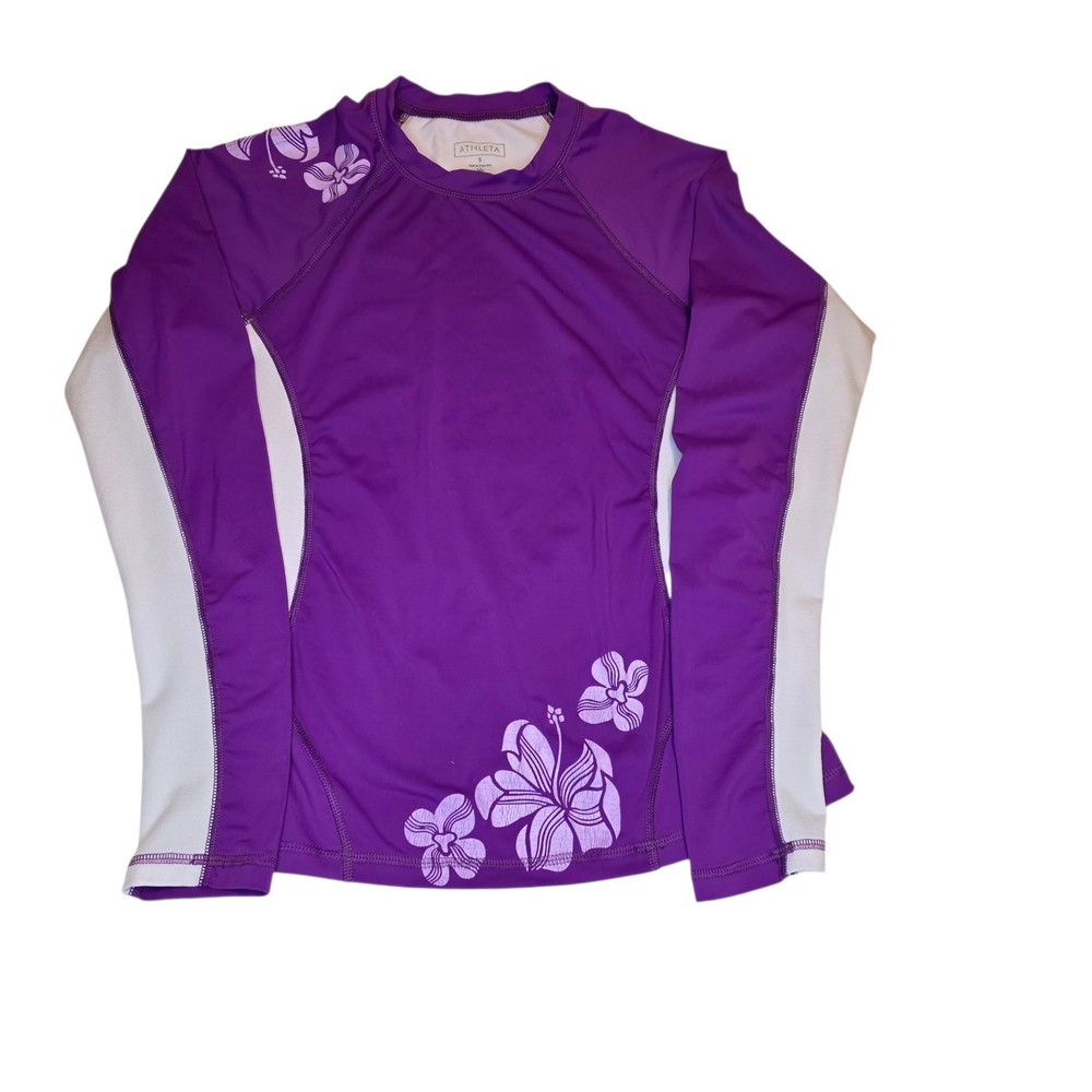 Womens Athleta Rash Guard Swim Shirt Lg Sleeve Purple & White Floral Print Sz S