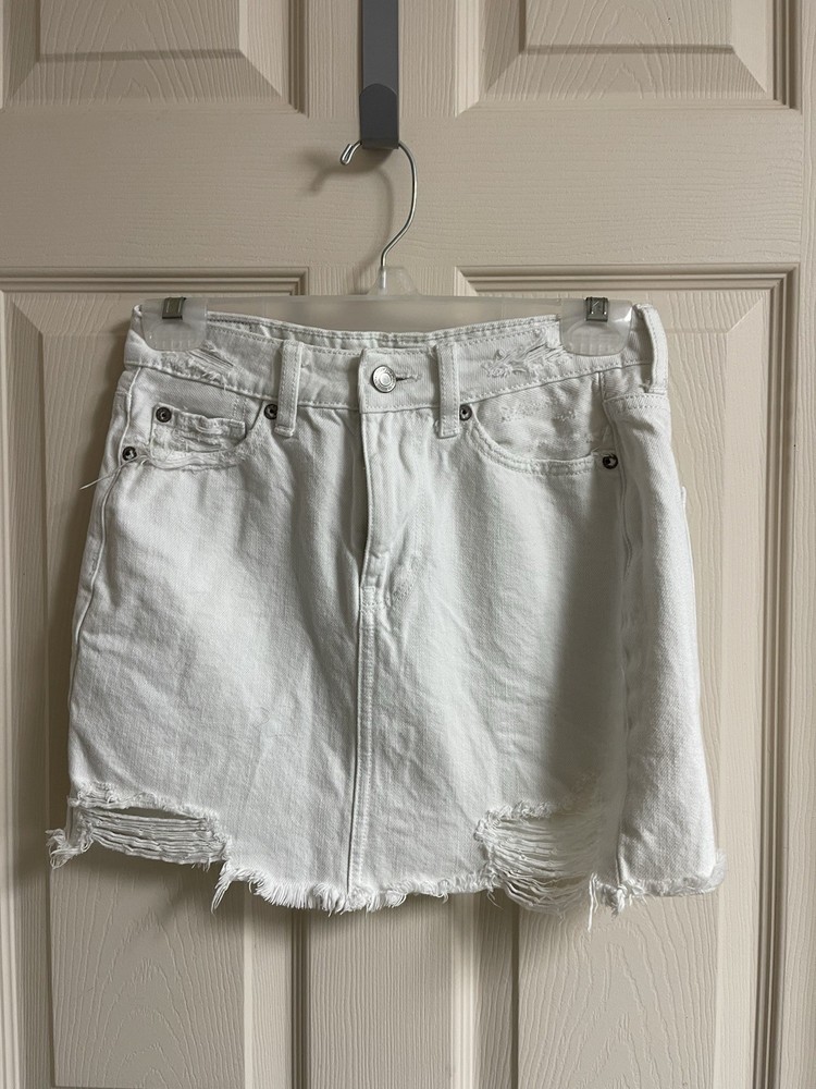 American Eagle Outfitters High Rise White Denim Mini Skirt Pockets 2 Regular